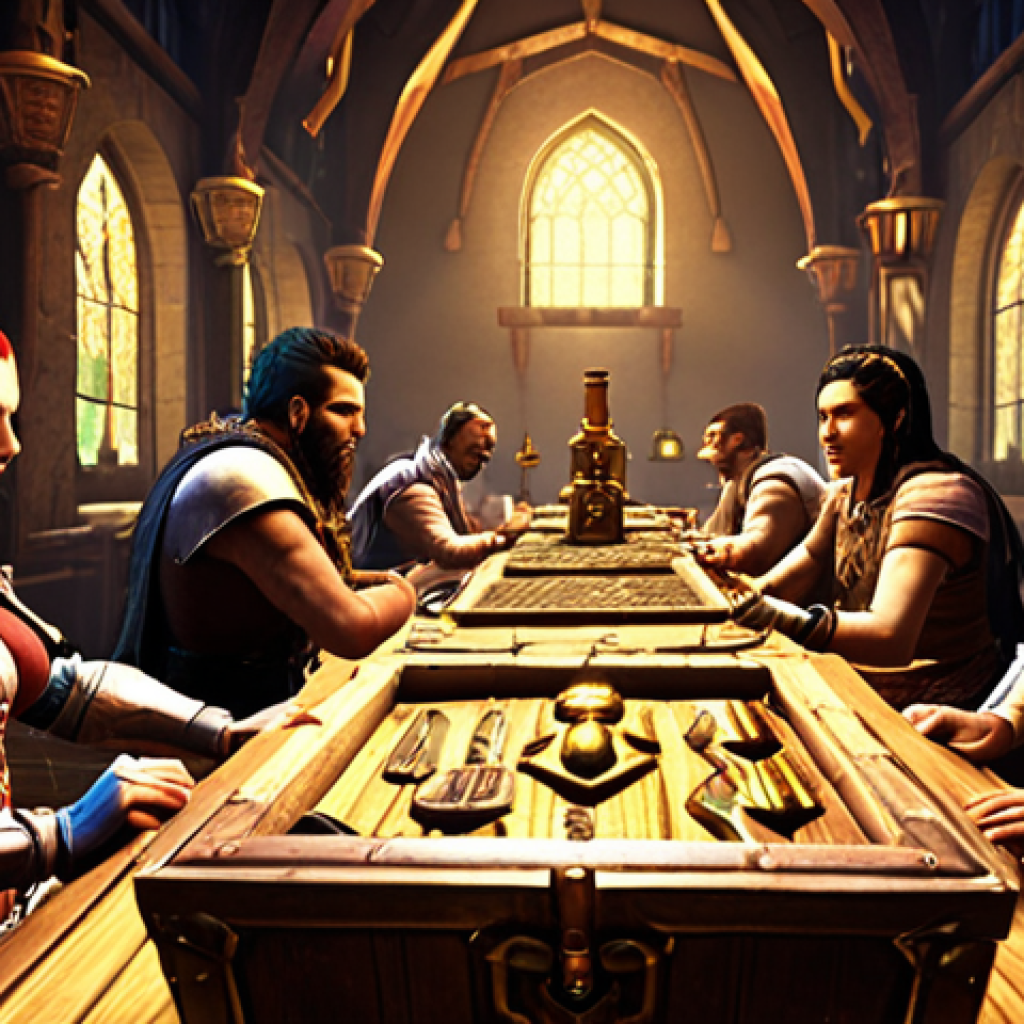 **

A bustling ArcheAge clan hall filled with members. Some are crafting at various workstations (alchemy, armorsmithing), others are trading goods with NPCs, and a group is gathered around a table strategizing for an upcoming territory war. The atmosphere is lively and collaborative, showcasing the clan's synergy. A treasure chest overflows with gold and resources. Style: fantasy art, vibrant colors, warm lighting, focus on teamwork.

**