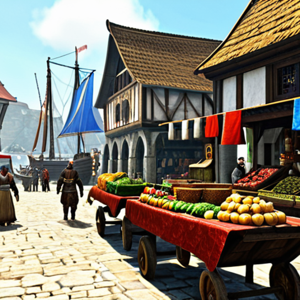 Thriving Marketplace**

"A bustling medieval marketplace scene in ArcheAge, showcasing various vendors selling crafted goods and agricultural products. Stalls are overflowing with colorful textiles, tools, and harvested crops.  Merchants in appropriate medieval attire are interacting with customers.  Citizens are dressed in modest, everyday clothing. In the background, a harbor with merchant ships is visible. Bright daylight, warm colors, high detail. Safe for work, appropriate content, fully clothed, family-friendly, professional digital art, perfect anatomy, correct proportions, natural pose, well-formed hands, proper finger count, natural body proportions."

**