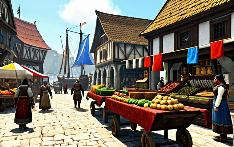 Thriving Marketplace**

"A bustling medieval marketplace scene in ArcheAge, showcasing various vendors selling crafted goods and agricultural products. Stalls are overflowing with colorful textiles, tools, and harvested crops.  Merchants in appropriate medieval attire are interacting with customers.  Citizens are dressed in modest, everyday clothing. In the background, a harbor with merchant ships is visible. Bright daylight, warm colors, high detail. Safe for work, appropriate content, fully clothed, family-friendly, professional digital art, perfect anatomy, correct proportions, natural pose, well-formed hands, proper finger count, natural body proportions."

**