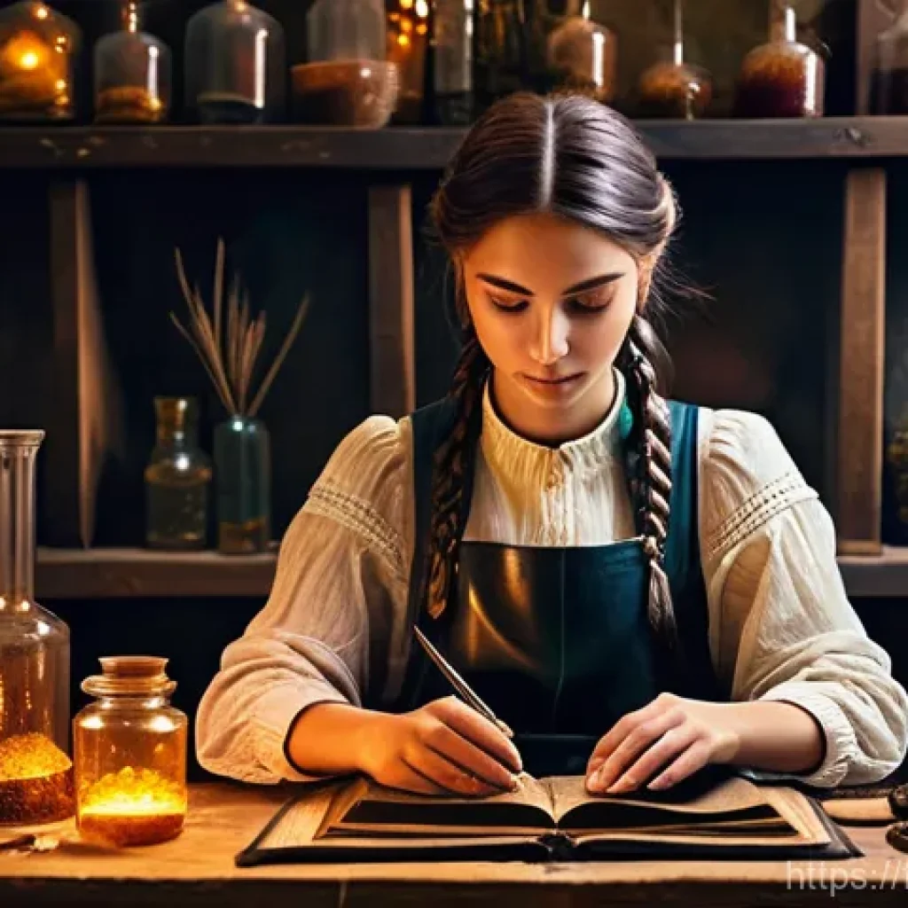 아키에이지 생활 기술 레벨업 - **A master alchemist in her laboratory.** A young woman with keen eyes and a focused expression, wea...