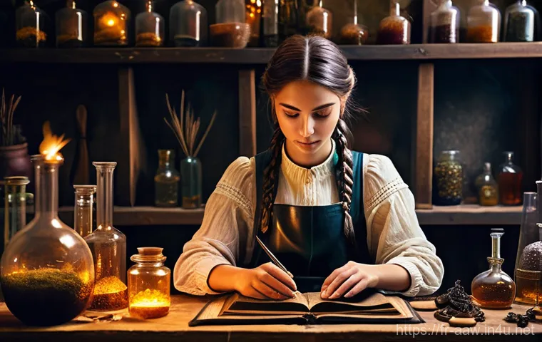 아키에이지 생활 기술 레벨업 - **A master alchemist in her laboratory.** A young woman with keen eyes and a focused expression, wea...