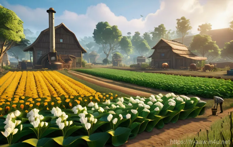 아키에이지 생활 직업 추천 - Prompt 1: A Thriving ArcheAge Farmstead at Dawn**