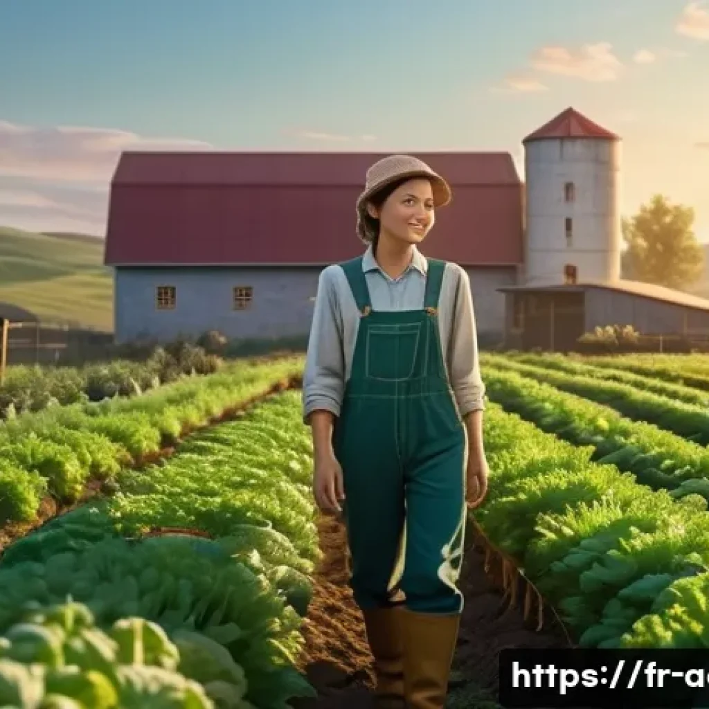 아키에이지 농작물 재배 가이드 - A vibrant and thriving fantasy farm scene set at dawn in a fertile temperate valley. A diligent fema...