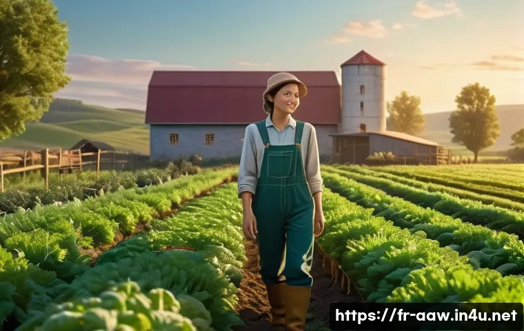 아키에이지 농작물 재배 가이드 - A vibrant and thriving fantasy farm scene set at dawn in a fertile temperate valley. A diligent fema...