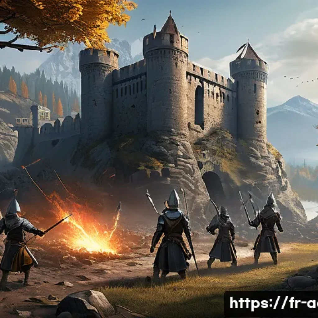 아키에이지 PvP 공성전 기술 - A dynamic battlefield scene during a fortress siege at dusk, featuring a diverse team of warriors, a...