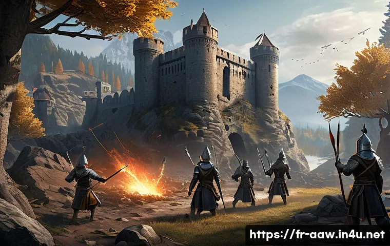 아키에이지 PvP 공성전 기술 - A dynamic battlefield scene during a fortress siege at dusk, featuring a diverse team of warriors, a...