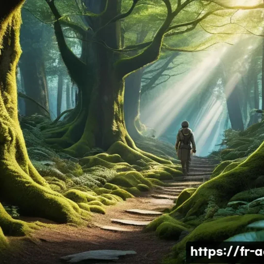 아키에이지 신규 콘텐츠 리뷰 - A mystical dense forest bathed in soft, diffused light filtering through thick foliage, featuring un...