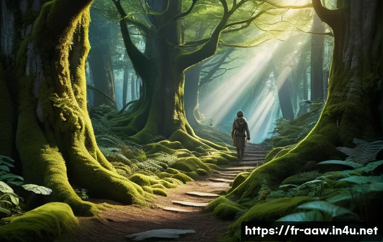 아키에이지 신규 콘텐츠 리뷰 - A mystical dense forest bathed in soft, diffused light filtering through thick foliage, featuring un...