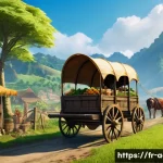 아키에이지 무역 루트 분석 - A detailed fantasy trading caravan scene set in a lush agricultural region resembling Nuia from Arch...