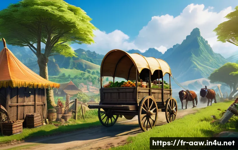 아키에이지 무역 루트 분석 - A detailed fantasy trading caravan scene set in a lush agricultural region resembling Nuia from Arch...
