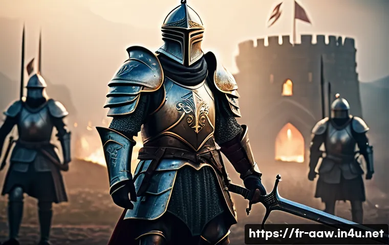 아키에이지 상위 직업 선택법 - A heroic tank warrior clad in heavy, ornate armor with intricate engravings, standing defiantly at t...