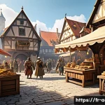 아키에이지 생활 재화 교환 비법 - A detailed fantasy marketplace scene inside a medieval-style town square bustling with diverse playe...