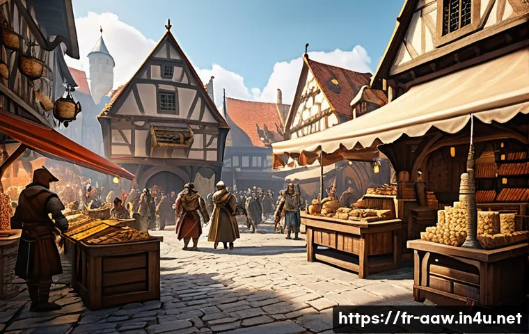 아키에이지 생활 재화 교환 비법 - A detailed fantasy marketplace scene inside a medieval-style town square bustling with diverse playe...