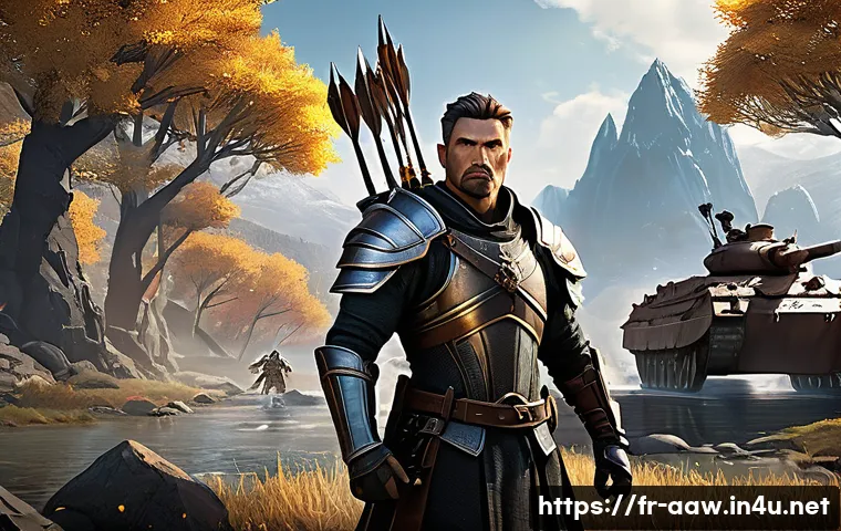 아키에이지 PvP 최적의 팀 조합 - A dynamic PvP fantasy battle scene featuring a heavily armored tank character in ornate, heavy plate...