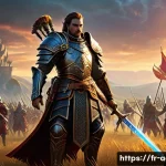 아키에이지 영웅 계급 달성법 - A heroic fantasy warrior clad in heavy ornate armor with intricate engravings, wielding a large glow...