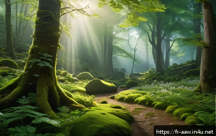 아키에이지 희귀 몬스터 스폰 위치 - A mystical dense forest scene at dawn, featuring a secluded clearing surrounded by towering ancient ...