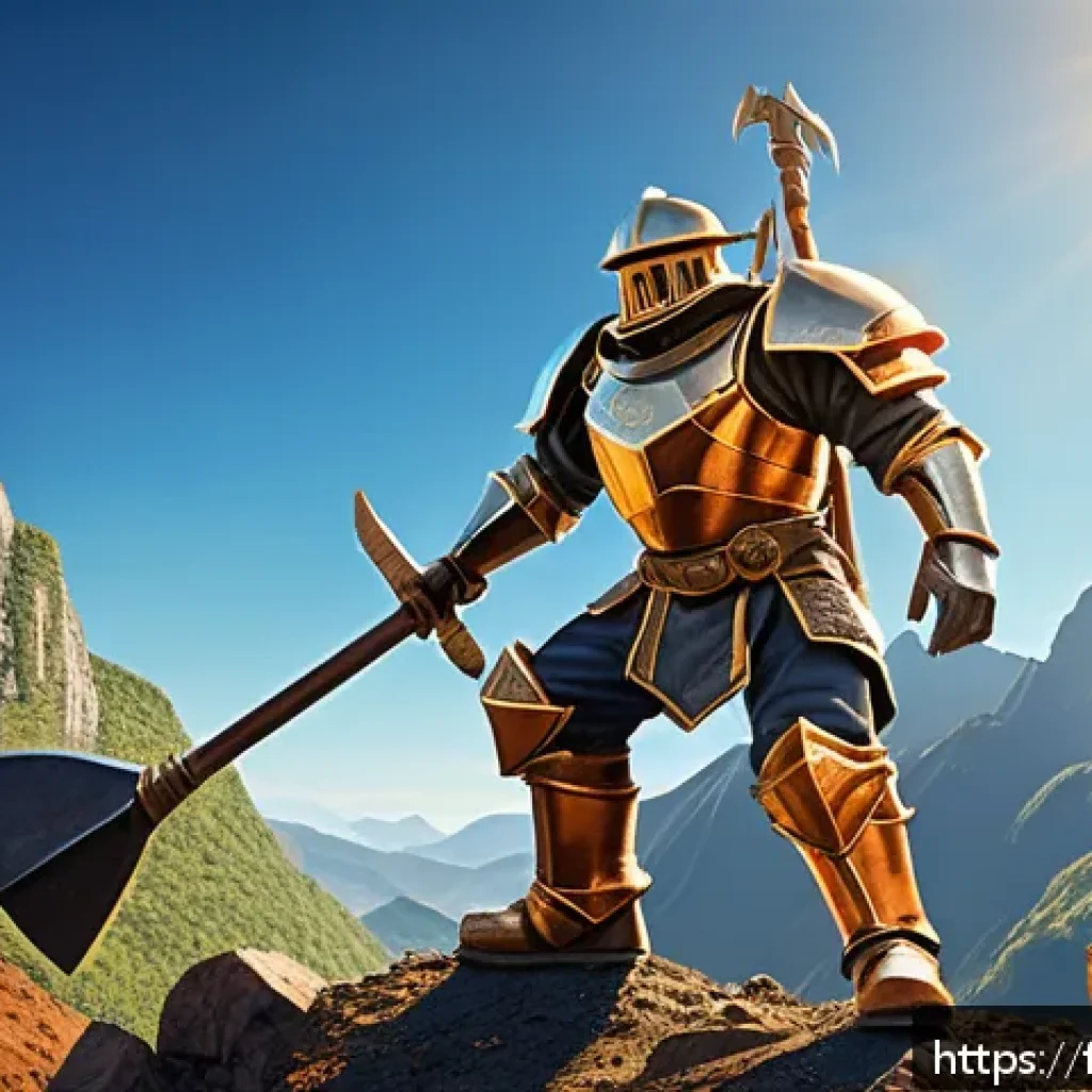 아키에이지 광산 채굴 루트 - A skilled fantasy miner wearing sturdy steel armor and steel-toed boots, holding a reinforced steel ...