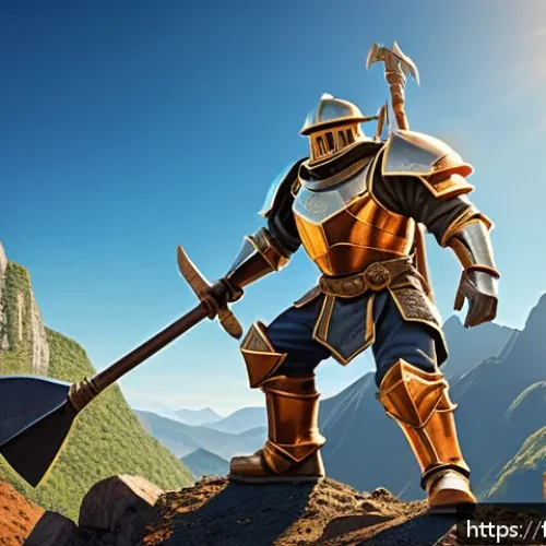 아키에이지 광산 채굴 루트 - A skilled fantasy miner wearing sturdy steel armor and steel-toed boots, holding a reinforced steel ...