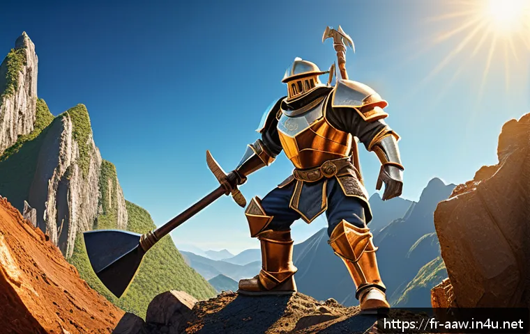 아키에이지 광산 채굴 루트 - A skilled fantasy miner wearing sturdy steel armor and steel-toed boots, holding a reinforced steel ...