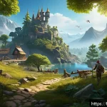 아키에이지 신규 콘텐츠 분석 - A richly detailed fantasy game scene showcasing a diverse skill tree interface overlaying a vibrant ...