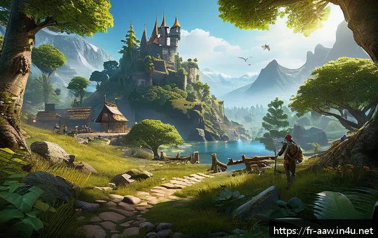 아키에이지 신규 콘텐츠 분석 - A richly detailed fantasy game scene showcasing a diverse skill tree interface overlaying a vibrant ...