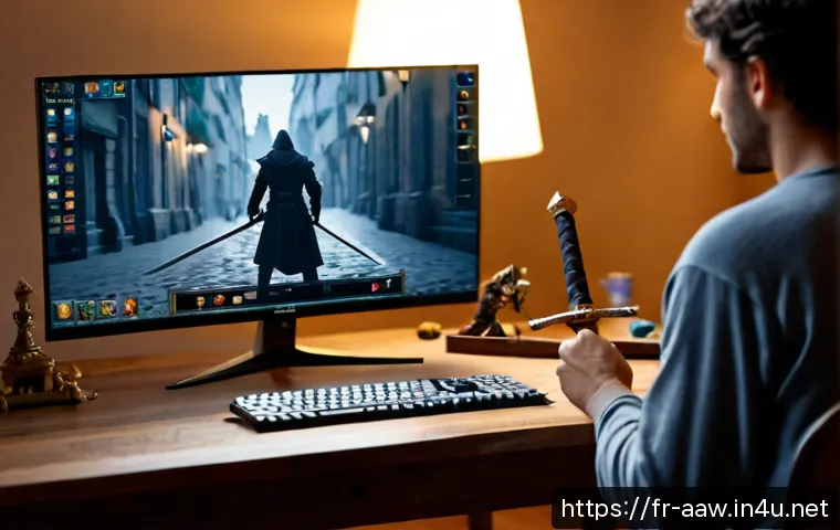 아키에이지 무기별 스킬 추천 - Photorealistic French gamer at a clean home desk comparing a longsword, staff, and bow displayed as ...