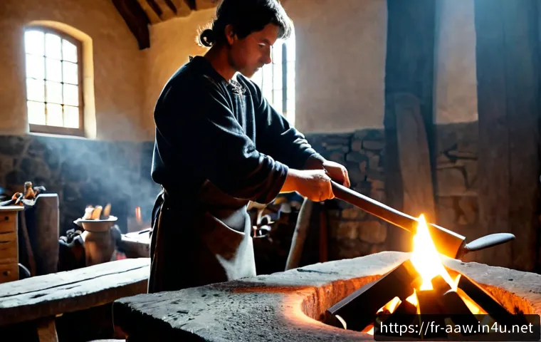아키에이지 전문직 레벨업 팁 - Photorealistic medieval fantasy artisan workshop in rural France, a focused young adult craftsperson...
