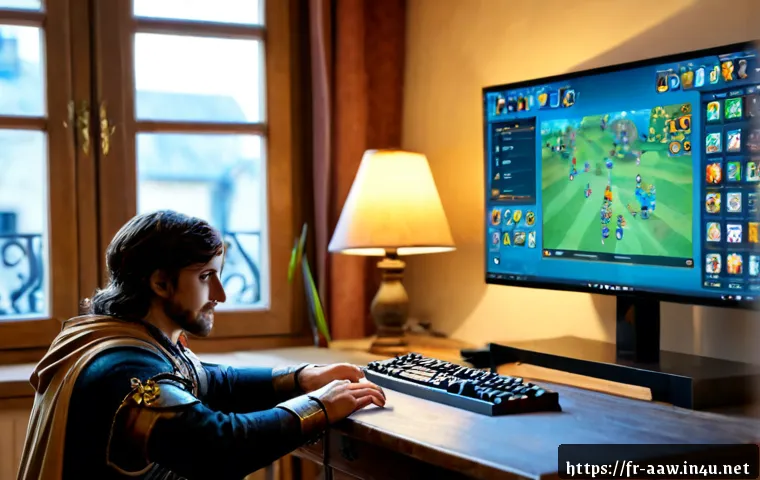 아키에이지 직업별 스킬 효율 - Photorealistic fantasy gaming workstation in a cozy French apartment, a focused adult player compari...