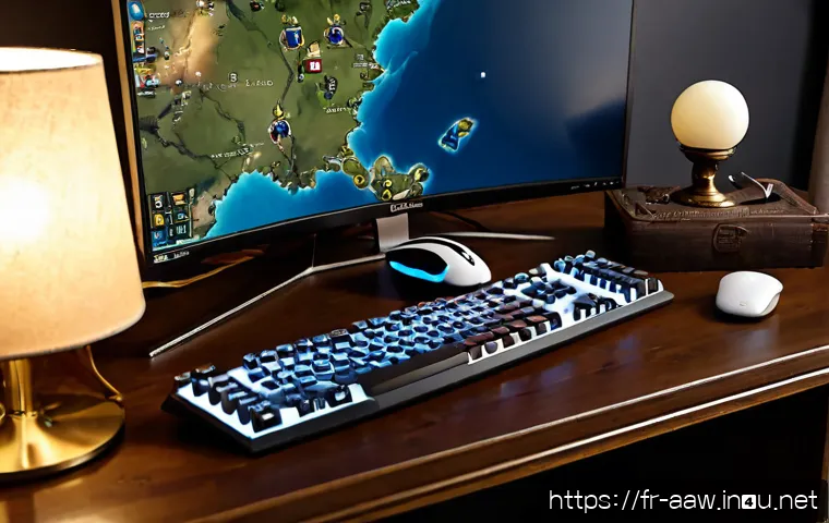 아키에이지 신규 유저 필수 아이템 - Photorealistic fantasy gaming desk scene for a new player, widescreen monitor showing a generic medi...